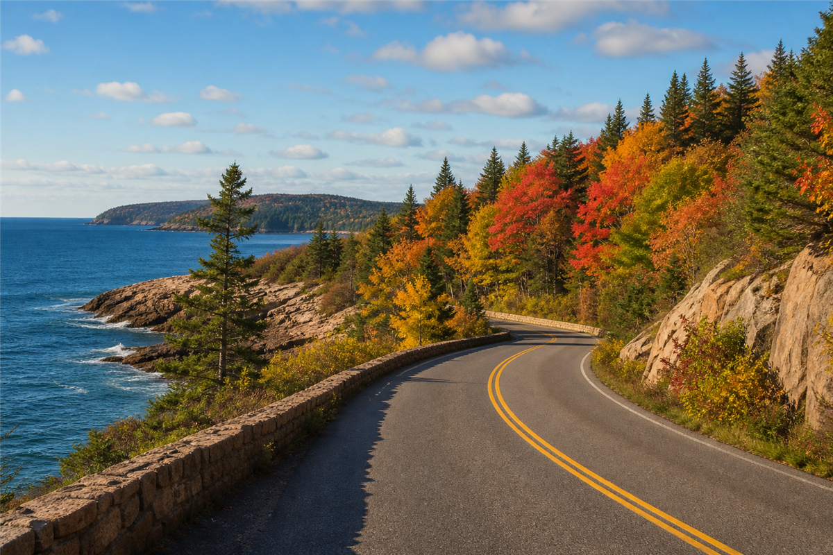 Autumn drive along Park Loop Road in Acadia National Park