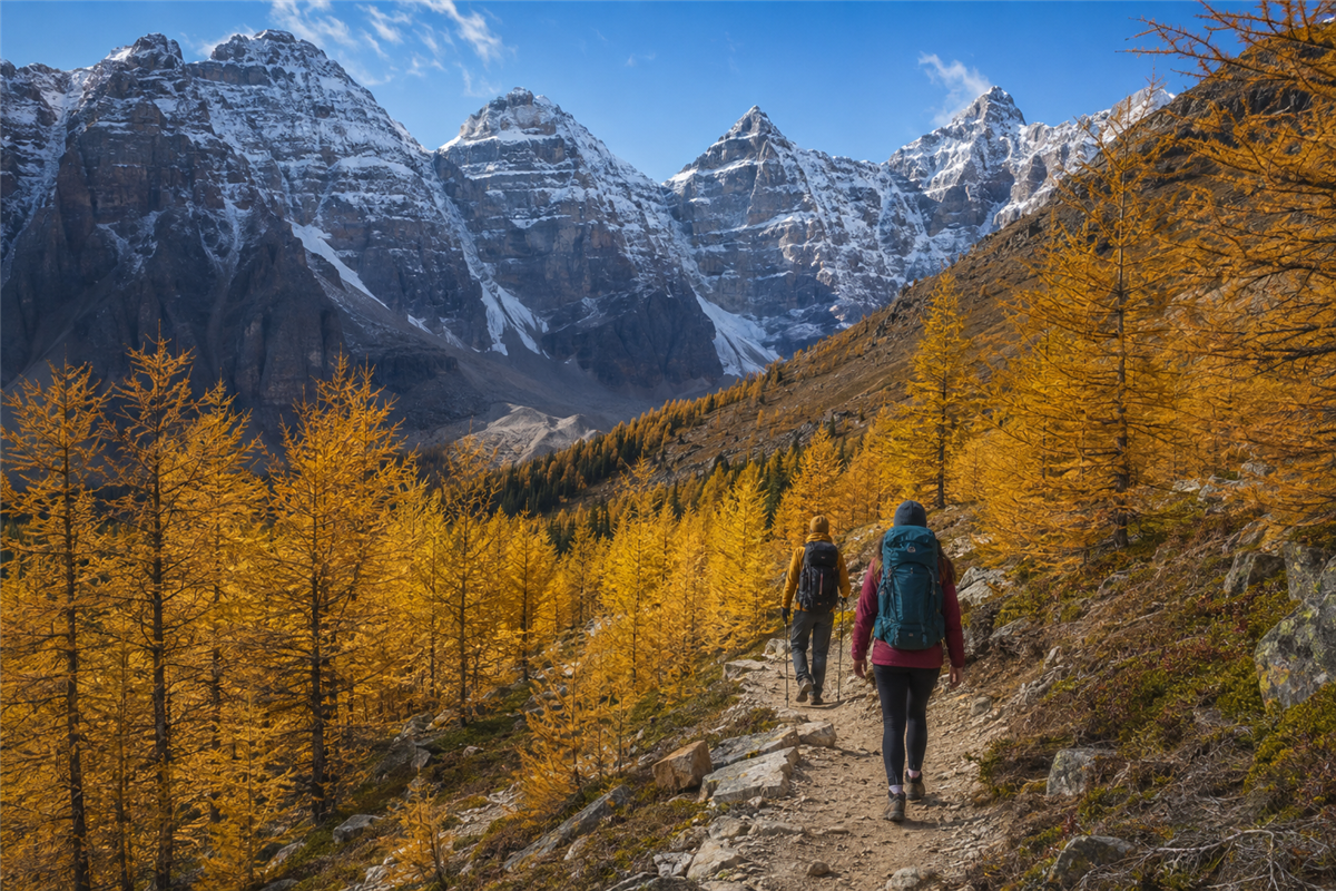 Golden larches on a Banff hiking trail