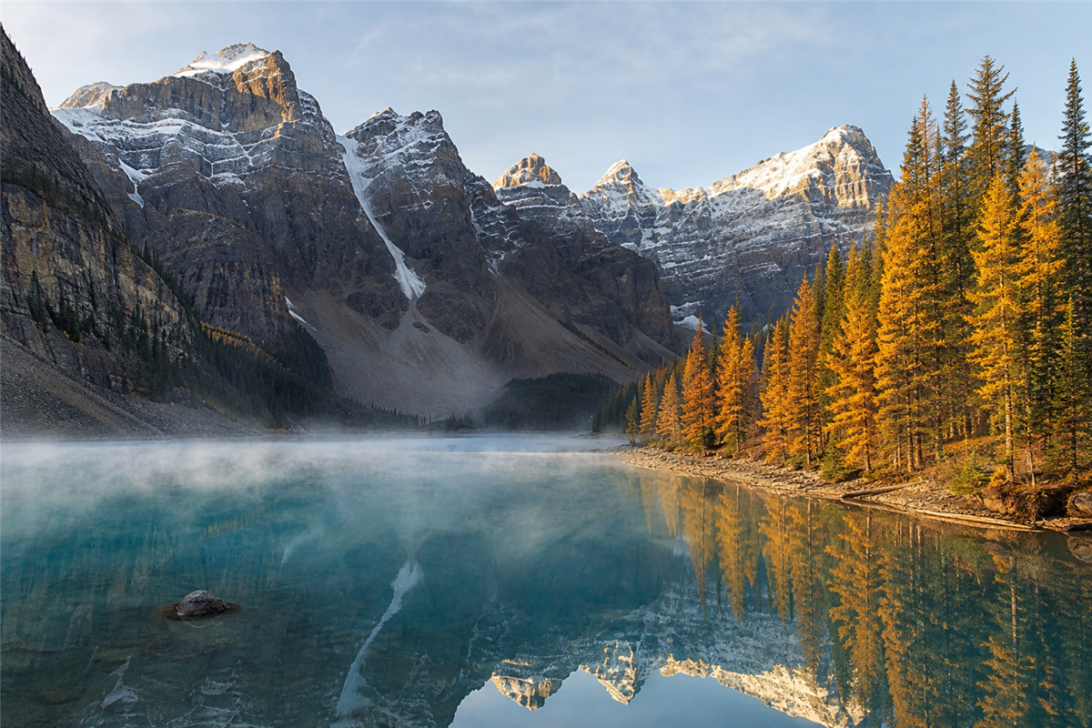 Moraine Lake with autumn larches and early snow